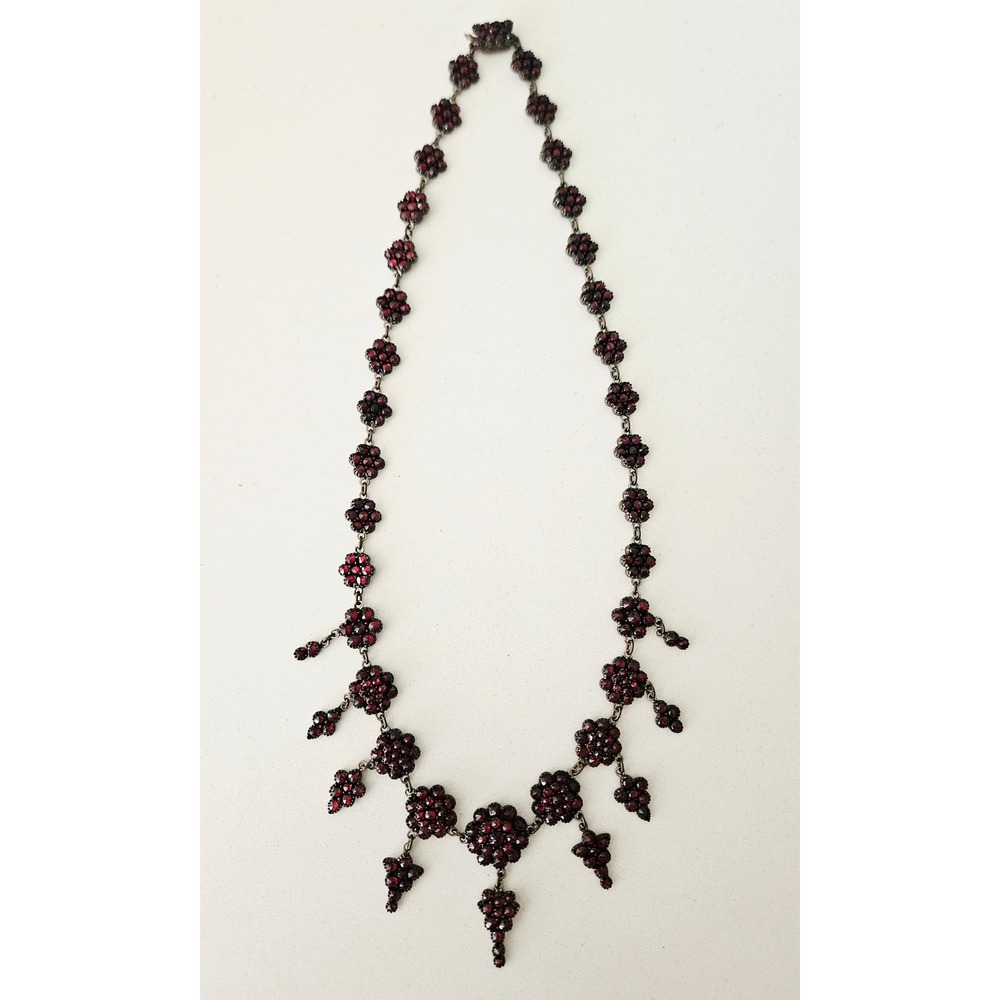 Antique Victorian Bohemian Garnet Festoon Necklace‎ Rose Cut Pyrope Tombac Set
